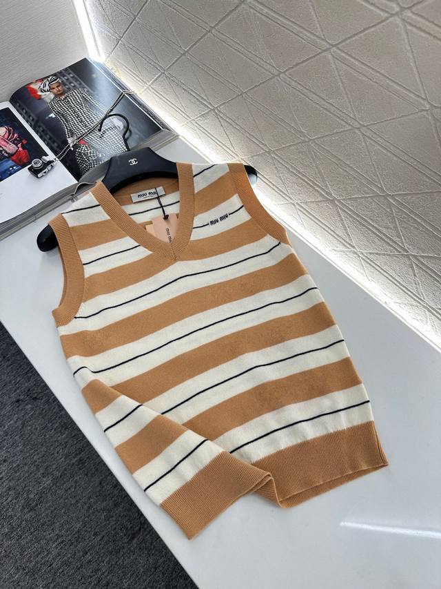 Miumi* 2025 New Arrivals: Striped Knit Vest. Custom-woven from Yb wool yarn, thi