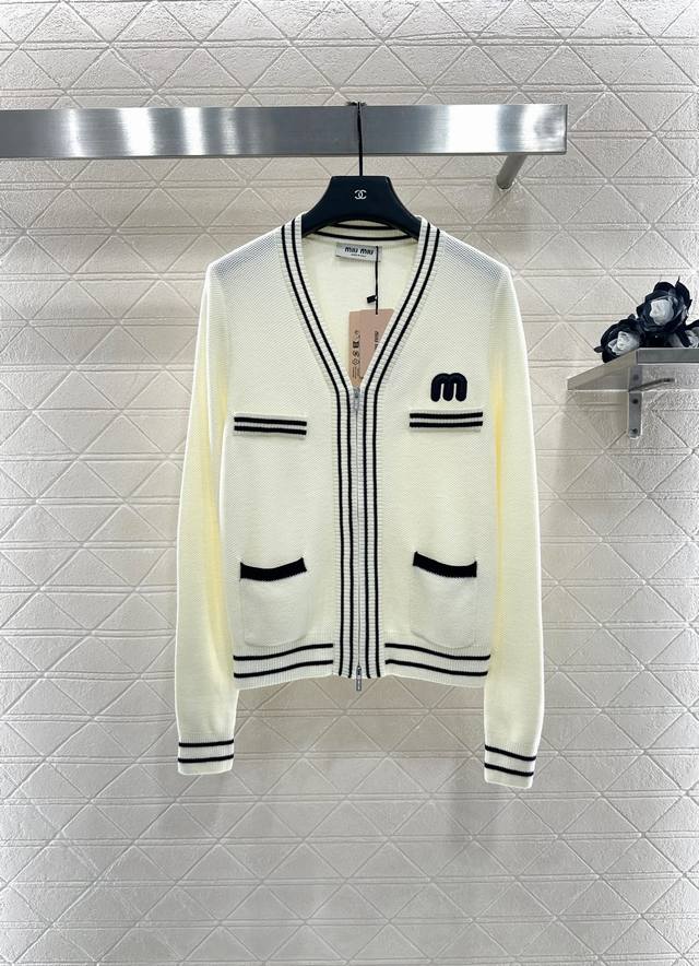Miumi* 2025 New Arrivals V-Neck Striped Knit Cardigan Custom-woven Yb wool yarn