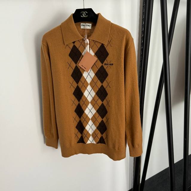 Style No. 20255309 Miumi* new contrast color diamond lapel long-sleeved wool sw