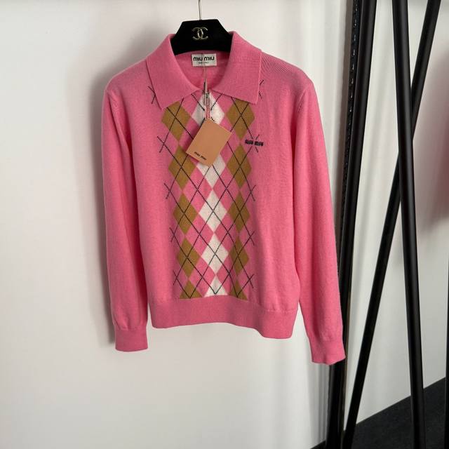 Style No. 20255308 Miumi* new contrast color diamond plaid zipper lapel long-sl