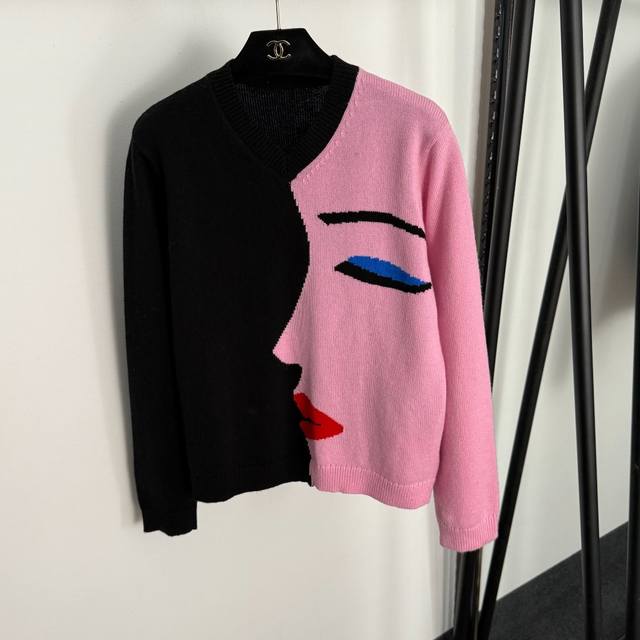 Style No. 20255306 Artistic face colorblock V-neck long-sleeved cotton and wool
