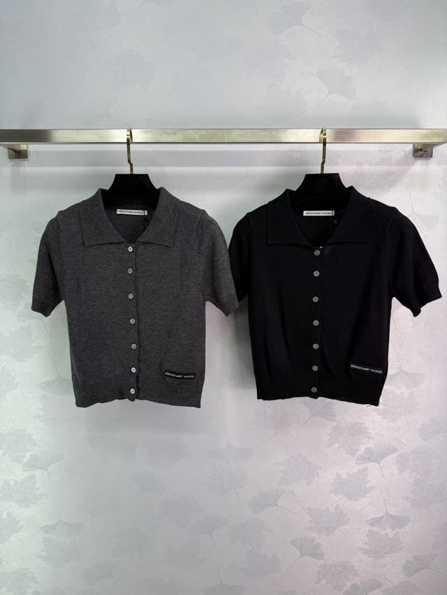 Ale*25's new early fall knitted short-sleeved cardigan features a polo collar th