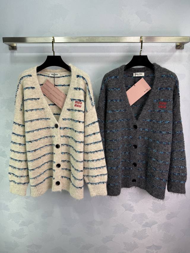 Miu*25 new fall/winter striped knit cardigan featuring chest logo embroidery and