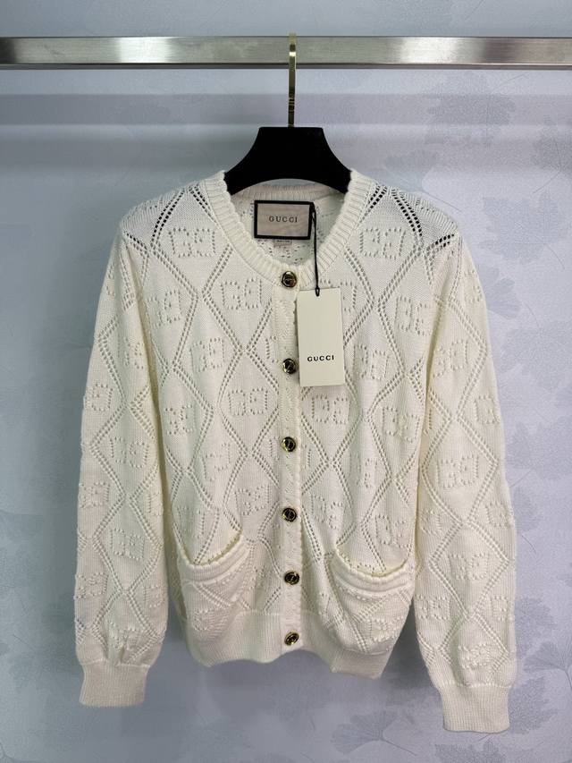 Gu*25 New Early Fall Hollow Knit Cardigan. Exquisite Double G diamond-patterned