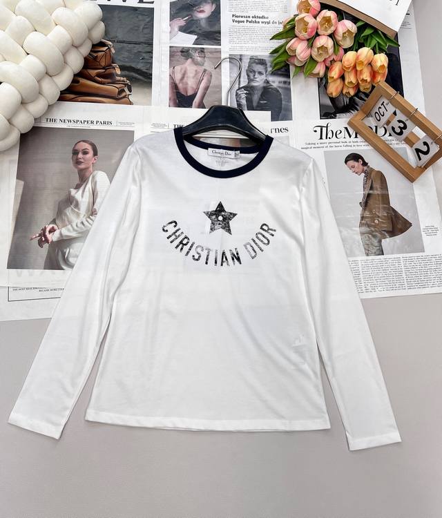 Dior 2025 new round-neck distressed letter long-sleeved top, custom YB twill cot