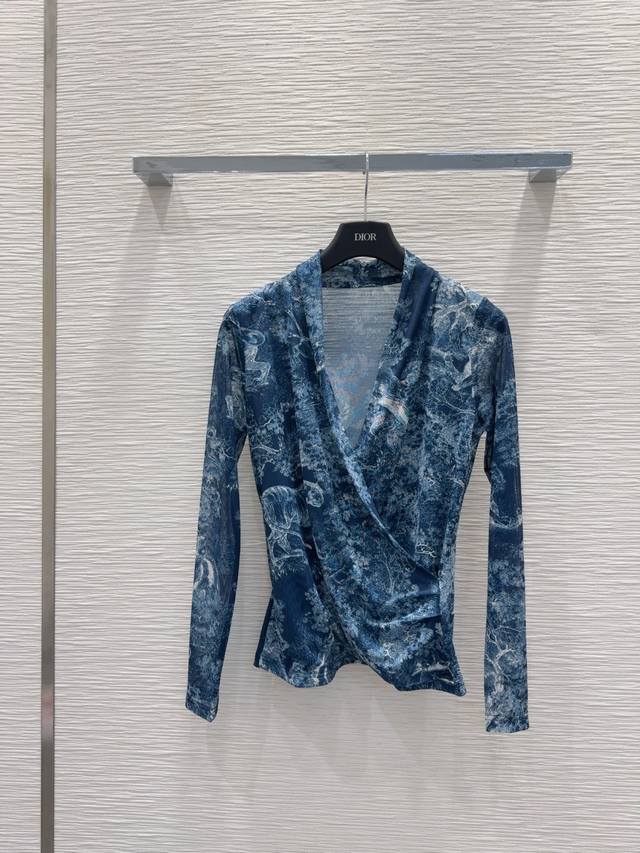 Christian Dio* 2025Fw new animal print V-neck mesh bottoming shirt with a see-th