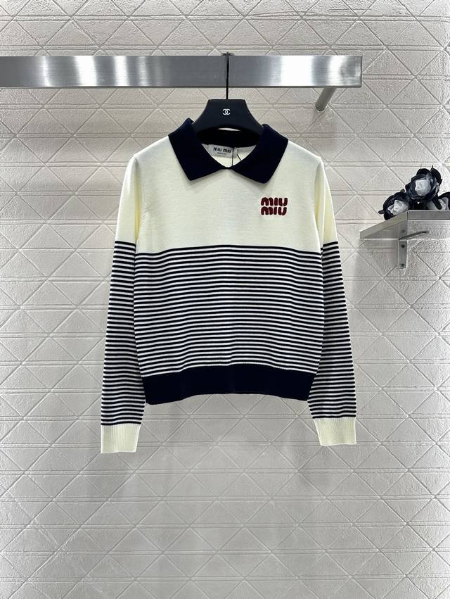 Miumi*2025 New Arrivals Lapel Striped Knit Long Sleeve Custom Yb Wool Yarn Woven