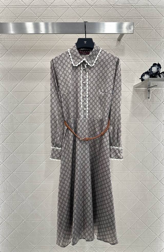Gucc*2025 New Arrivals: Printed Belt Dress. Custom-made Yb imported twill fabric