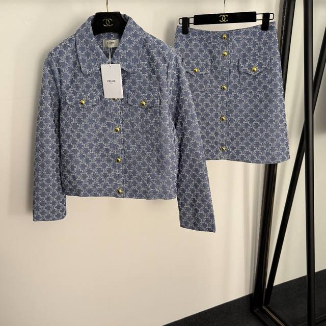 Style No. 20255246 Celin*'s newest suit, a Chanel-style, all-over logo print la