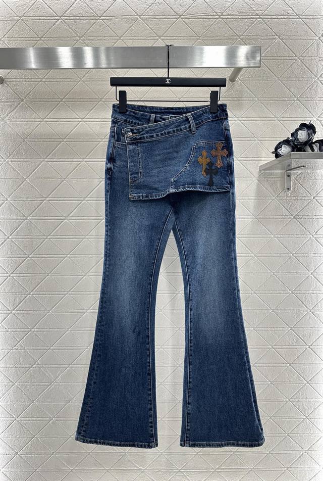Chrome Hear*2025 New Arrival Fake Two-Piece Skirted Denim Pants. Custom Yb twill