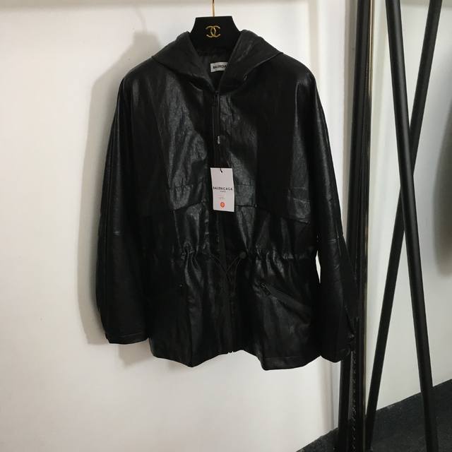 Style No. 7684 Balenciag* new waist drawstring long-sleeved hooded PU leather j