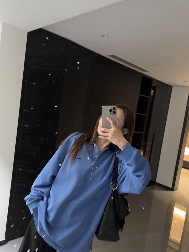 Miumi* 25Ss Spring/Summer new blue long-sleeved polo shirt with embroidered lett
