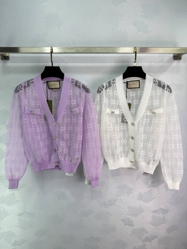 Gu*25 New Early Fall Lace Knit Cardigan. Exquisite lace hollow Gg pattern design