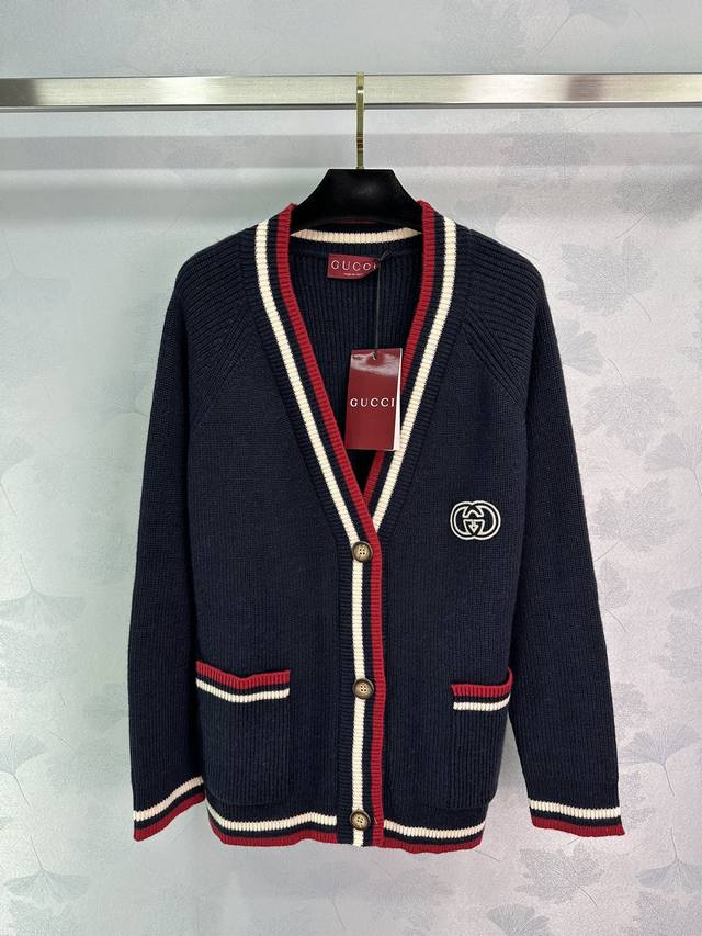 Gucc24's new autumn and winter embroidered logo long-sleeved V-neck cardigan, so