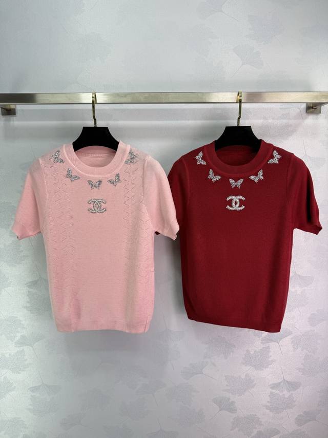 Ch* New 2025 Early Fall butterfly embroidered knit short-sleeve top! Custom impo