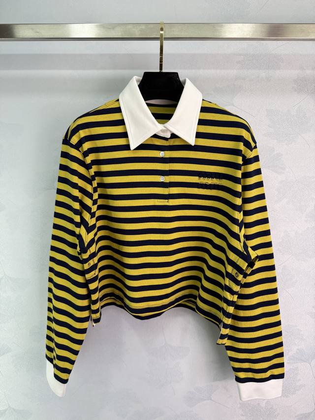 Miu*25 new autumn and winter color matching bee black and yellow striped lapel T