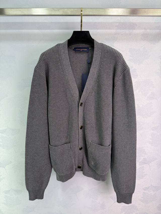 Lou*25's new early fall V-neck knitted cardigan with pockets and logo embroidery