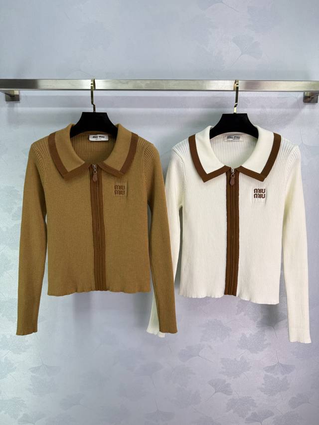 Miu*25's new early fall knitted cardigan features a lapel design with a zipper a