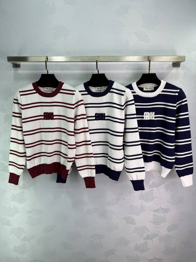 Miu*25 early autumn new striped knit sweater with exquisite logo embroidery on t