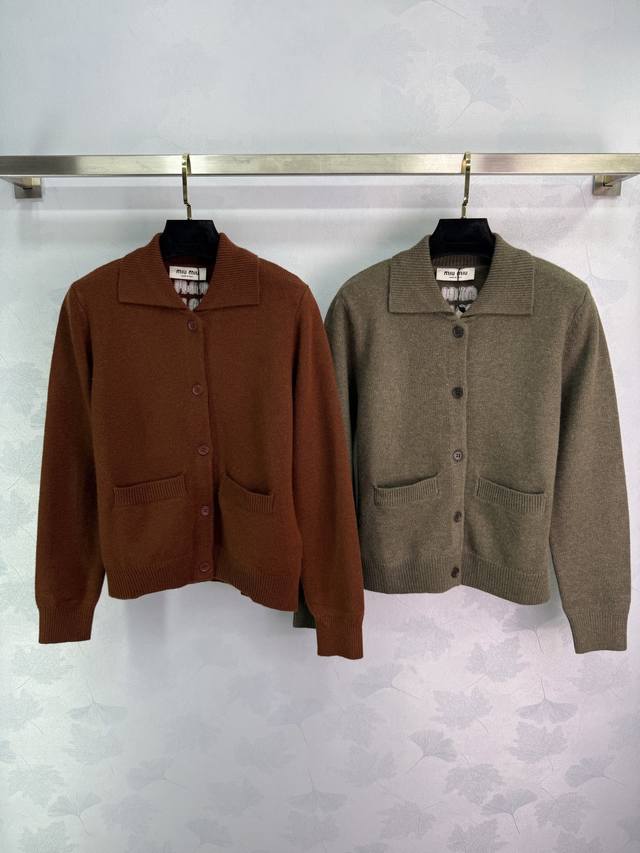 Miu*25's new early fall cardigan features a lapel design, a button-down front, a