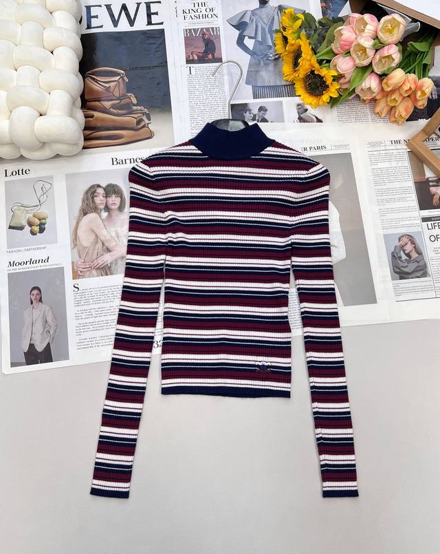 Celine 2025 new high-neck striped crochet knit top, customized Yb wool knit mate