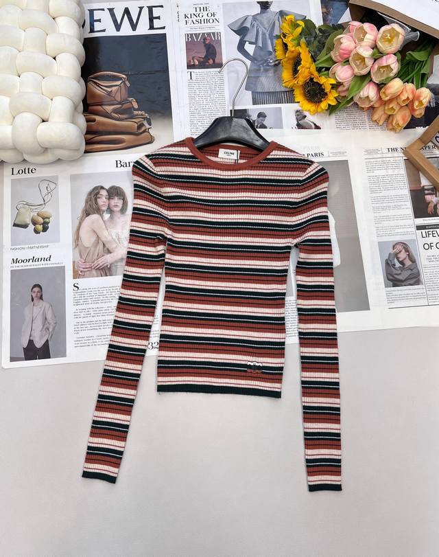 Celine 2025 new round-neck knitted striped crochet top, customized Yb wool knit