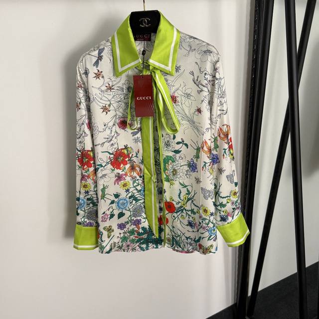 Style No. 20255223 Gucc* new bow tie collar colorful flower print versatile tem
