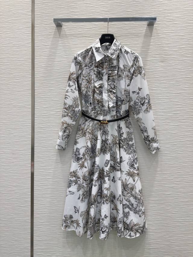 Christian Dio* 2025Fw new leaf-print ruffled shirt dress. Low-key luxury. Three-