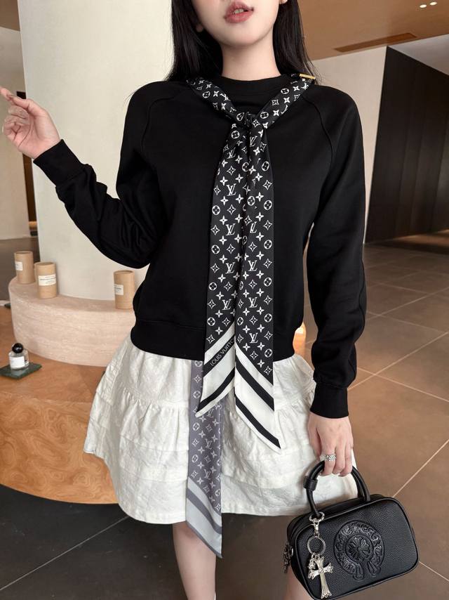 Louis Vuitto* 25Ss new round neck sweatshirt silk printed silk scarf decoration