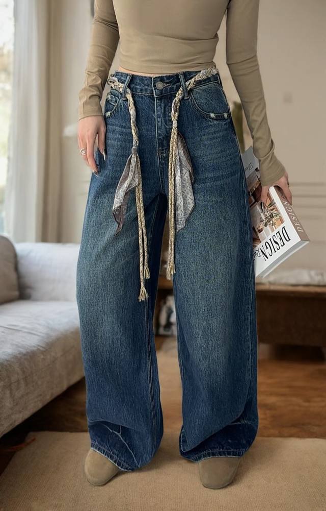 Hot-selling straight jeans. Classic denim blue with a retro filter. Full of text