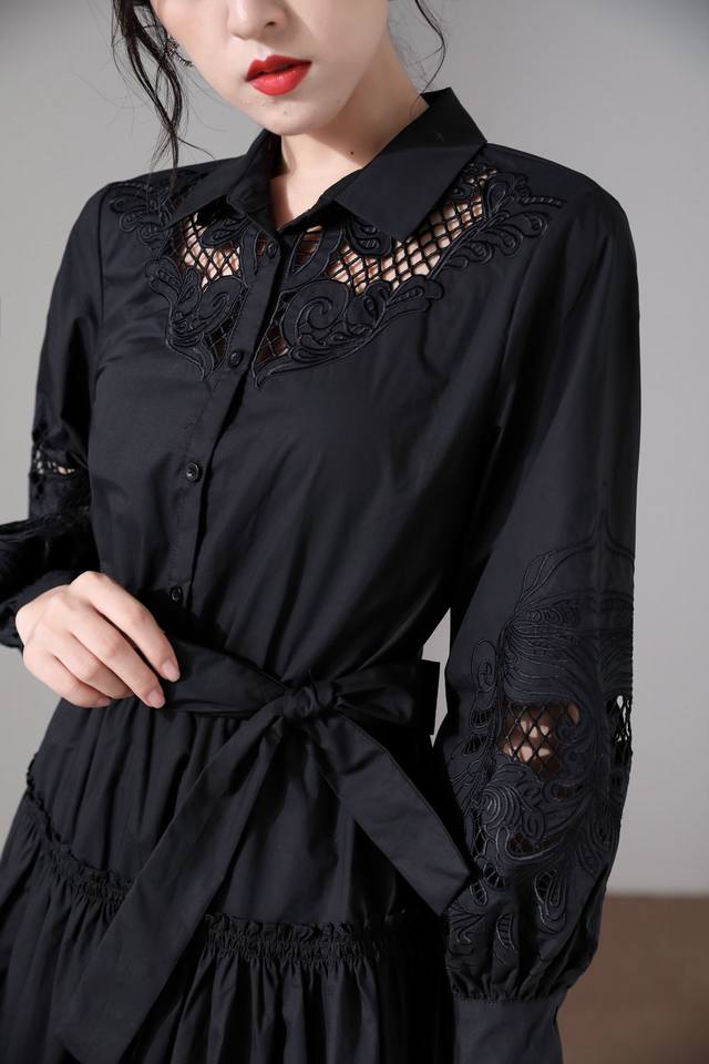 French counter same style heavy hollow embroidery belt dress, special waist and