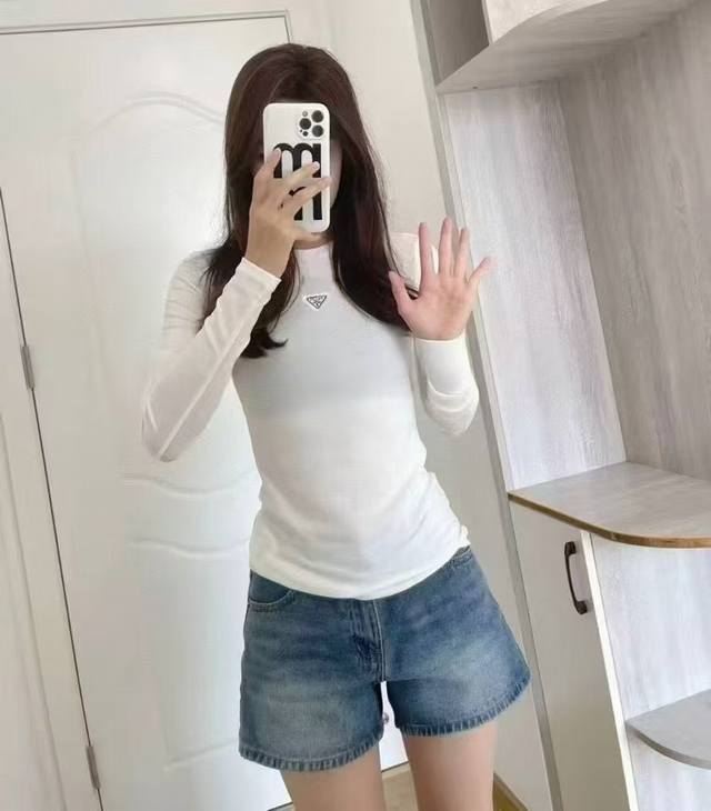 New autumn Prada acetate stretch cotton bottoming top, high quality Smlx L