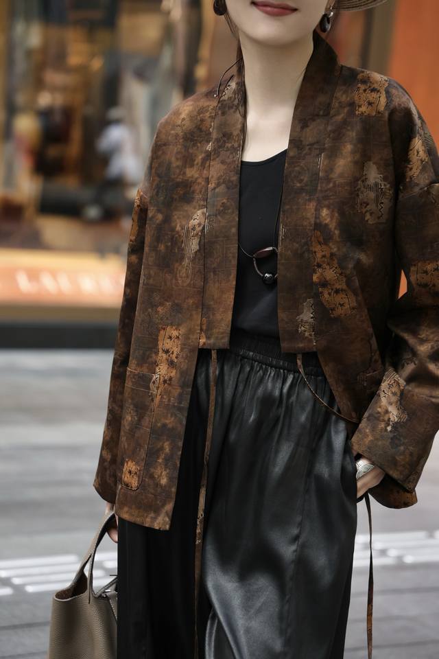 High-density rayon jacquard old money style coffee-colored printed jacket, with