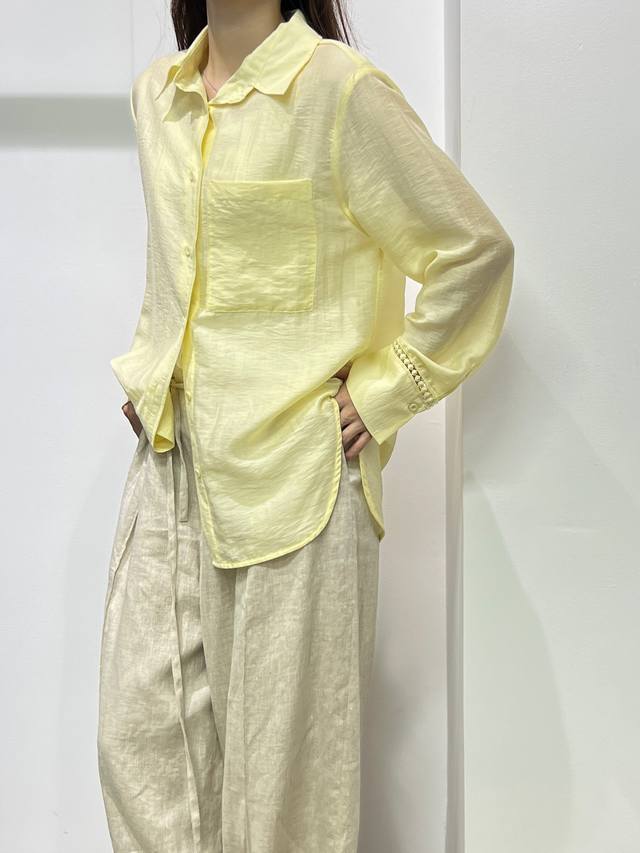 Tencel cotton and linen lace sleeve shirt Color: Yellow Burning Red Size: Smlxl