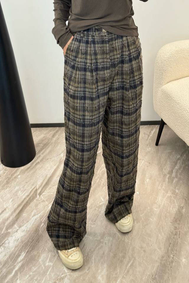 25 Autumn and Winter New Retro Plaid Semi-elastic Waist Wide-leg Straight Pants