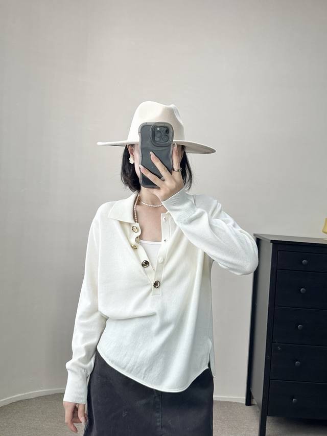 High-end temperament commuting polo collar retro gold button wool sweater autum