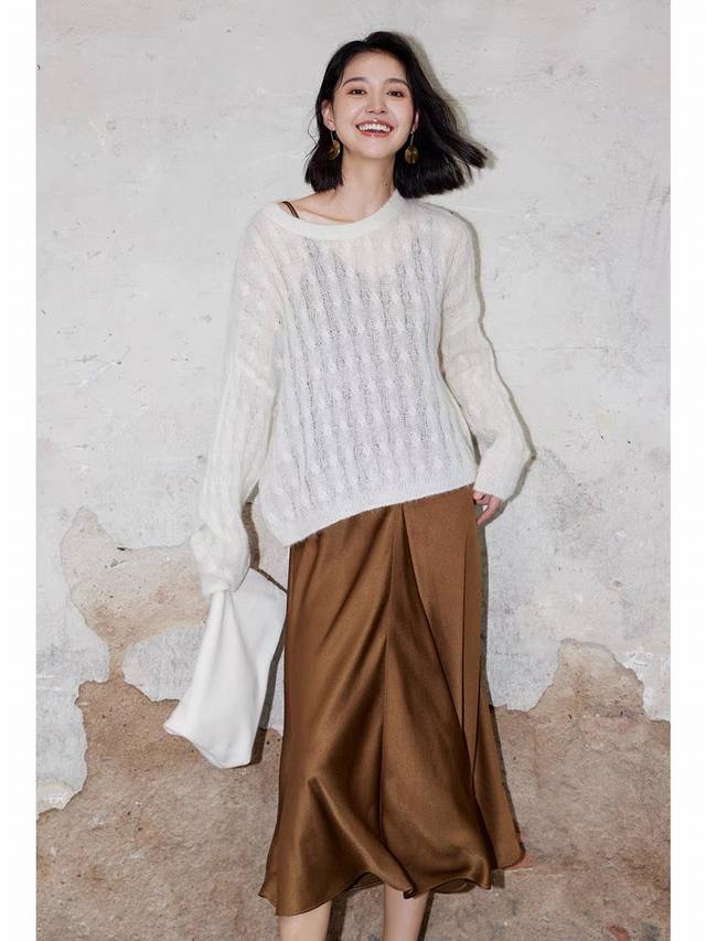 Cable-knitted semi-transparent thin sweater loose lazy retro gentle picture col