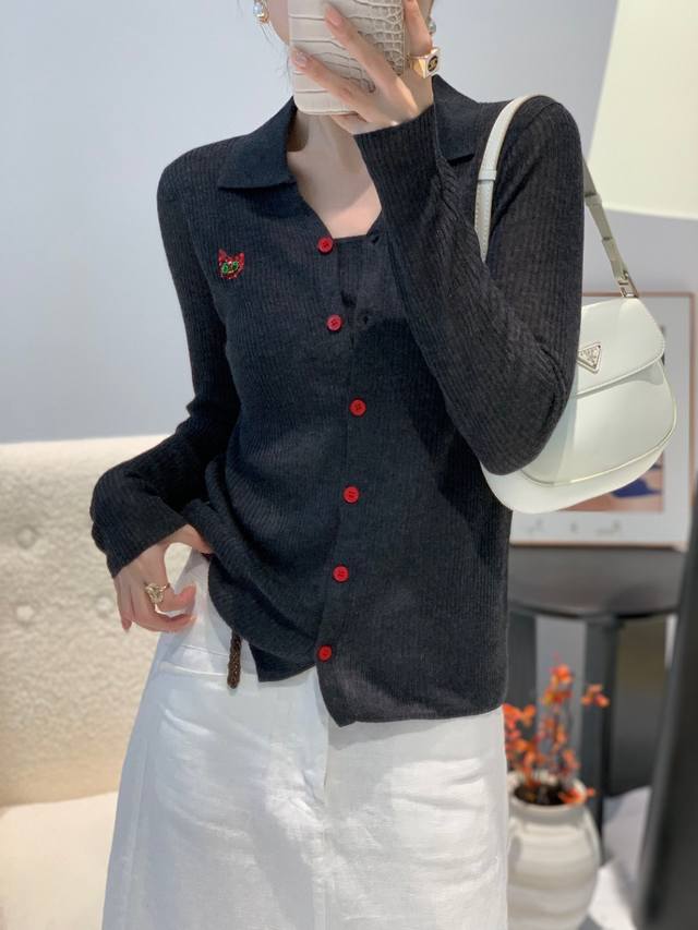 Fake two-piece embroidered lapel long-sleeved knitted cardigan casual slimming