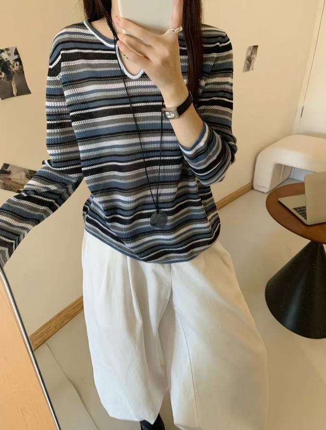 New Korean style fashion small U-neck long-sleeved striped wool sweater loose s
