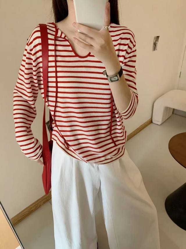 Loose feeling Tencel striped lace-up T-shirt loose drape small V-neck long slee