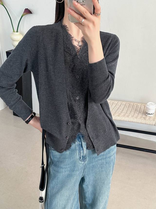 Autumn new 33 wool lace fake two-piece cardigan One size