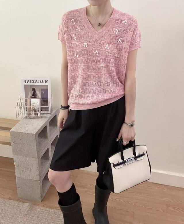 New Korean loose slim V-neck short-sleeved sweater versatile top trend one size