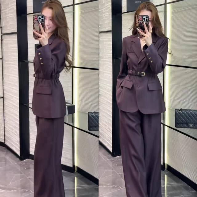 Fabric: Imitation wool Korean suit jacket + high waist slim wide leg pants two-