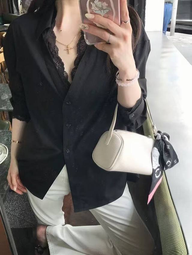 Autumn new French lace stitching 19 Momme silk shirt black and white S-Xl