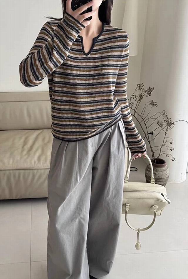 New linen striped hollow long sleeve