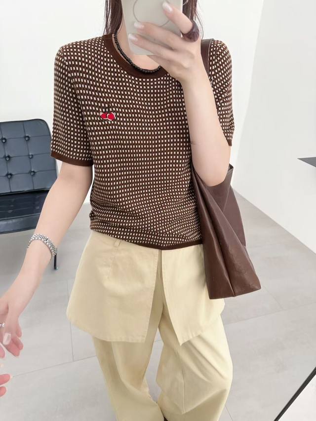 Autumn new 30 wool cherry checkered short sleeve one size