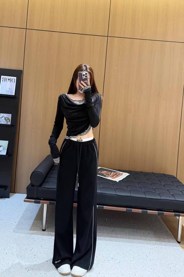 Miu* design letter embroidery stitching high waist slim wide leg straight versat