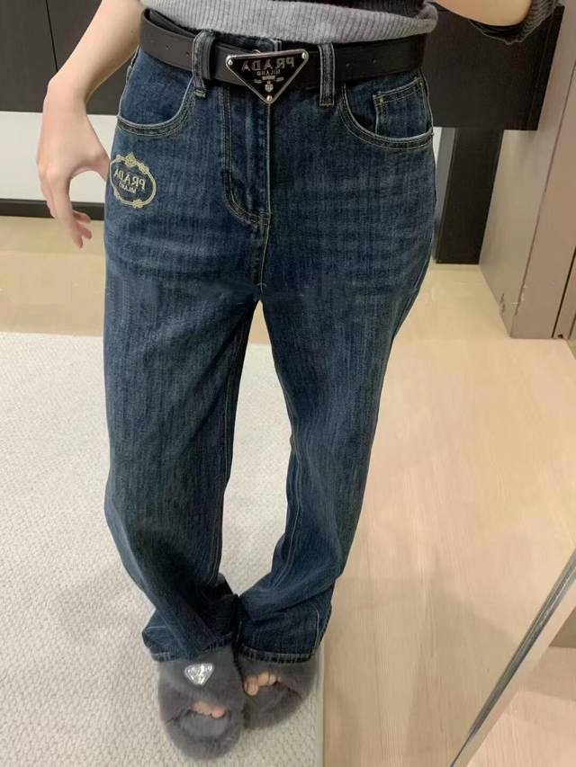 p 25 new retro logo embroidered straight jeans with belt Color: 1 color Size: Sm