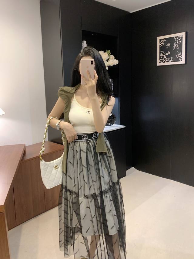 25Ss summer new Chane* flocked letter skirt ~ customized flocked letter mesh fab