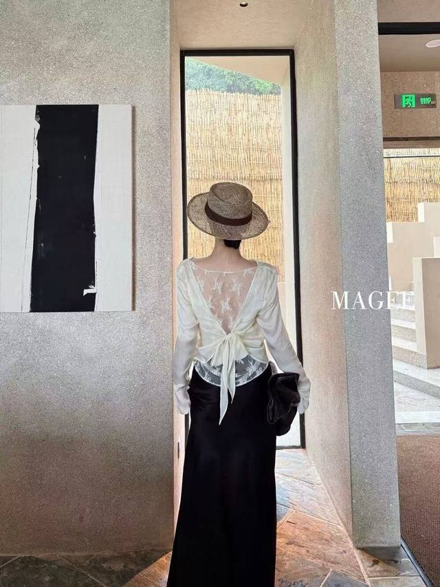 Early autumn new copper-ammonia silk French pure lace strap backless shirt Size